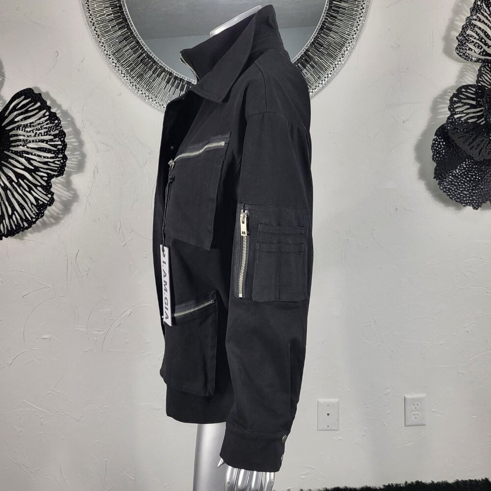 NWT~$295~I AM GIA~S/M~BLACK MILITARY UTILITY CARGO DENIM JEAN JACKET COAT - Picture 12 of 16